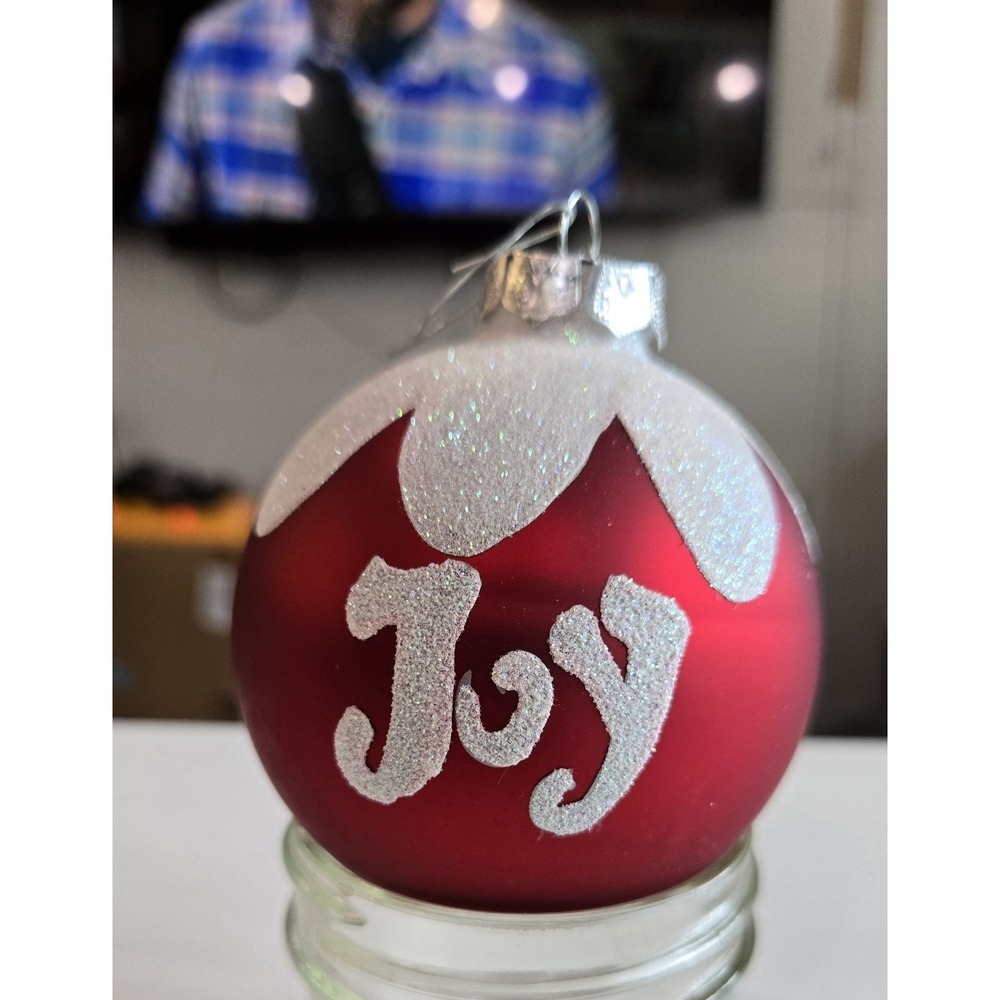 Red Matte Glass Christmas Ornament Joy White Glitter Snow Cap 64783 2020